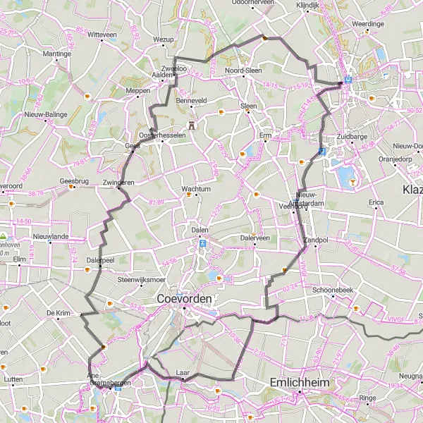 Map miniature of "Emmen Gravel Route" cycling inspiration in Drenthe, Netherlands. Generated by Tarmacs.app cycling route planner