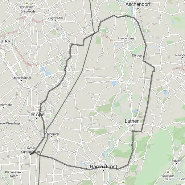 Map miniature of "Scenic Route around Emmer-Compascuum" cycling inspiration in Drenthe, Netherlands. Generated by Tarmacs.app cycling route planner