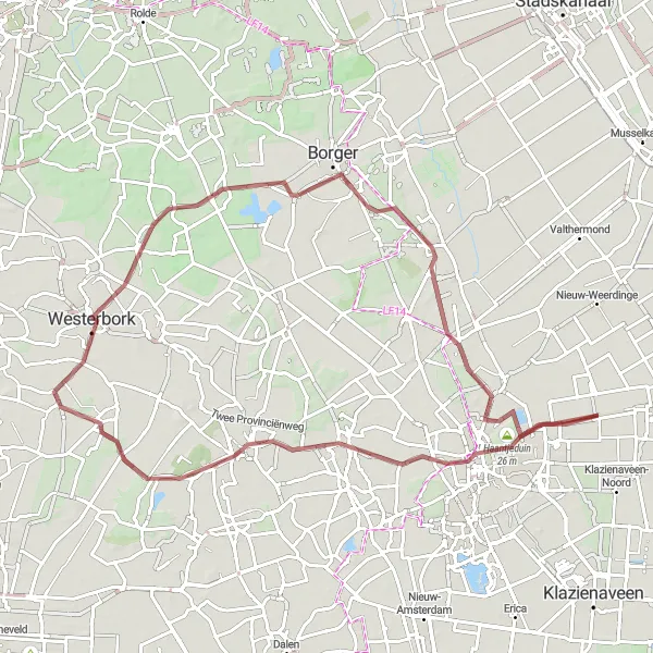 Miniatuurkaart van de fietsinspiratie "Verkenningstocht door Drentse natuurgebieden" in Drenthe, Netherlands. Gemaakt door de Tarmacs.app fietsrouteplanner