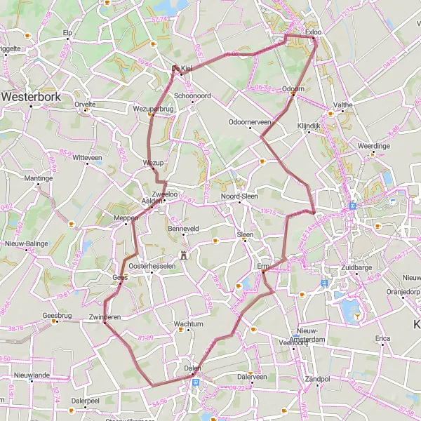 Map miniature of "the Exloo Gravel Adventure" cycling inspiration in Drenthe, Netherlands. Generated by Tarmacs.app cycling route planner