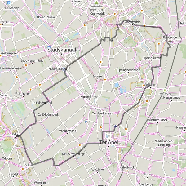 Map miniature of "Vlagtwedde and Valthe Road Adventure" cycling inspiration in Drenthe, Netherlands. Generated by Tarmacs.app cycling route planner