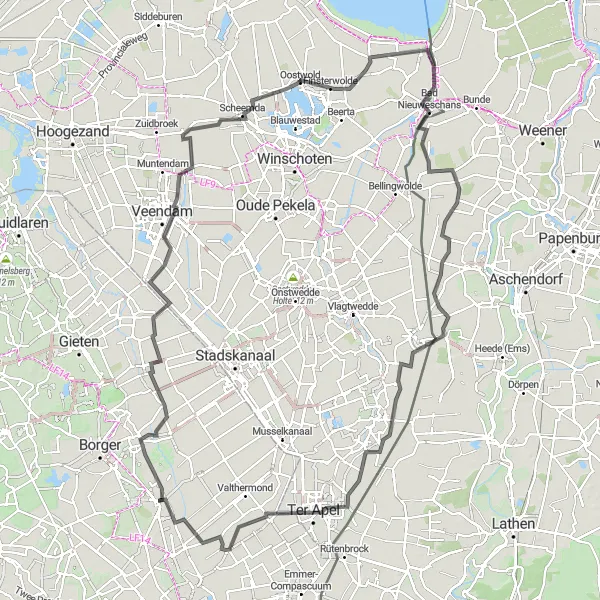 Map miniature of "The Grand Tour of Eastern Netherlands" cycling inspiration in Drenthe, Netherlands. Generated by Tarmacs.app cycling route planner