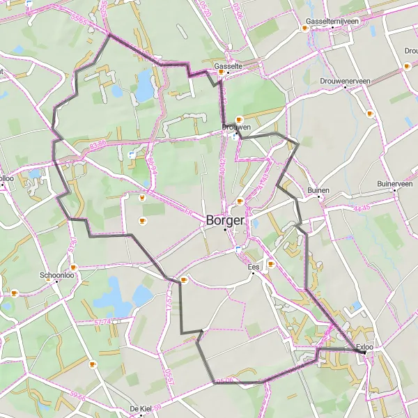 Map miniature of "the Road to Exloo" cycling inspiration in Drenthe, Netherlands. Generated by Tarmacs.app cycling route planner