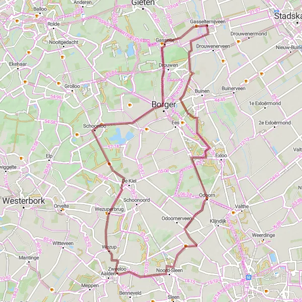 Map miniature of "Gasselternijveen - Bronneger - Odoorn - Wezup - Schoonloo - Gasselte" cycling inspiration in Drenthe, Netherlands. Generated by Tarmacs.app cycling route planner