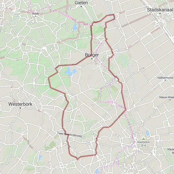 Map miniature of "Hidden Gems Gravel Route" cycling inspiration in Drenthe, Netherlands. Generated by Tarmacs.app cycling route planner