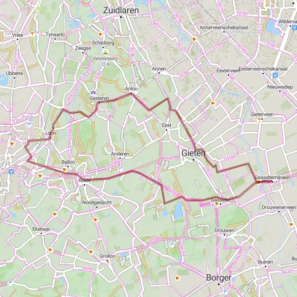 Miniatuurkaart van de fietsinspiratie "Ontdek de verborgen schatten van Drenthe" in Drenthe, Netherlands. Gemaakt door de Tarmacs.app fietsrouteplanner