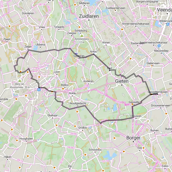 Map miniature of "Gasselternijveen - Boomkroonpad - Papenvoort - Deurze - Zeijerveld - Eext - Veenhof" cycling inspiration in Drenthe, Netherlands. Generated by Tarmacs.app cycling route planner