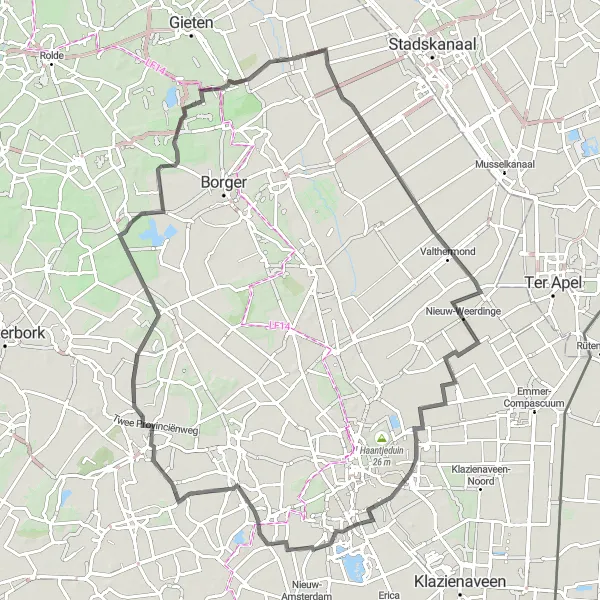 Map miniature of "Gasselternijveen - Valthermond - De Muur van Emmen - Zuidbarge - Boomkroonpad" cycling inspiration in Drenthe, Netherlands. Generated by Tarmacs.app cycling route planner