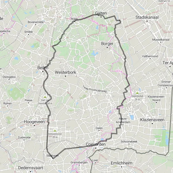 Map miniature of "Gasselternijveen - Buinen - Het onderduikershol 1942-1945 - Kijkhut - Veenoord - Coevorden - Hollandscheveld - Col du Vam - Klatering - Ekehaar - Achter 't Hout" cycling inspiration in Drenthe, Netherlands. Generated by Tarmacs.app cycling route planner