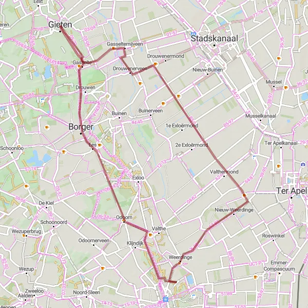 Miniatuurkaart van de fietsinspiratie "Gasselternijveen - Valthermond - Haantjeduin - Odoorn - Borger - Gasselte Gravel Route" in Drenthe, Netherlands. Gemaakt door de Tarmacs.app fietsrouteplanner