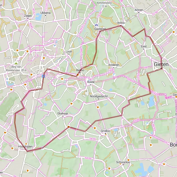 Miniatuurkaart van de fietsinspiratie "Papenvoort - Laaghalen - Deurze - Anloo - Gieten Gravel Route" in Drenthe, Netherlands. Gemaakt door de Tarmacs.app fietsrouteplanner
