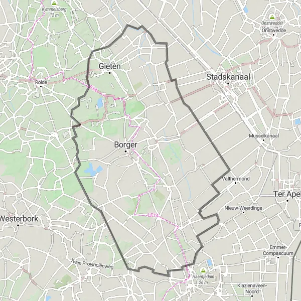 Map miniature of "Discovering the Green Heart of Drenthe" cycling inspiration in Drenthe, Netherlands. Generated by Tarmacs.app cycling route planner