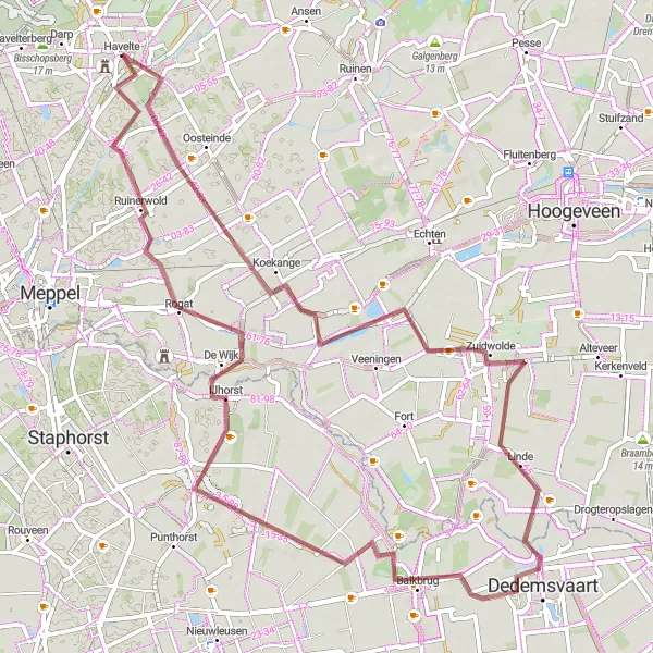 Miniatuurkaart van de fietsinspiratie "Gravelroute rond Koekange en De Wijk" in Drenthe, Netherlands. Gemaakt door de Tarmacs.app fietsrouteplanner