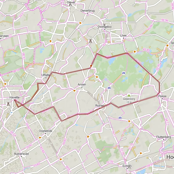 Miniatuurkaart van de fietsinspiratie "Gravelroute van Havelte naar Uffelte" in Drenthe, Netherlands. Gemaakt door de Tarmacs.app fietsrouteplanner