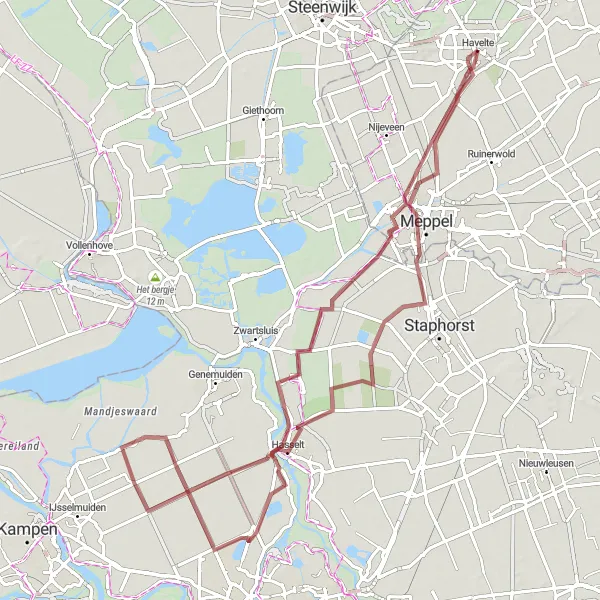 Map miniature of "Havelte - Mastenbroek - Hasselt - Meppel Gravel Loop" cycling inspiration in Drenthe, Netherlands. Generated by Tarmacs.app cycling route planner