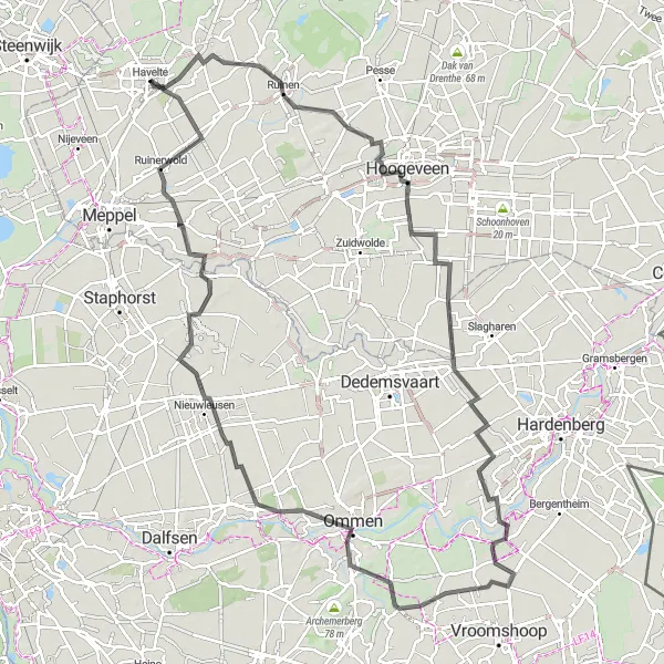Map miniature of "Ruinen - Fluitenberg - Braamberg - Distelbelt - Mariënberg - Besthmenerberg - Nieuwleusen - De Wijk - Ruinerwold - Overcinge Road Loop" cycling inspiration in Drenthe, Netherlands. Generated by Tarmacs.app cycling route planner