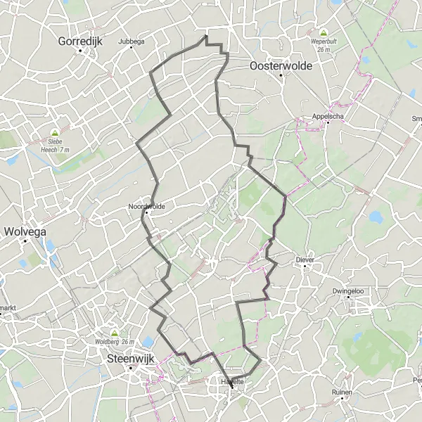 Map miniature of "Wilhelminaoord - Oldeberkoop - Elsloo Road Loop" cycling inspiration in Drenthe, Netherlands. Generated by Tarmacs.app cycling route planner