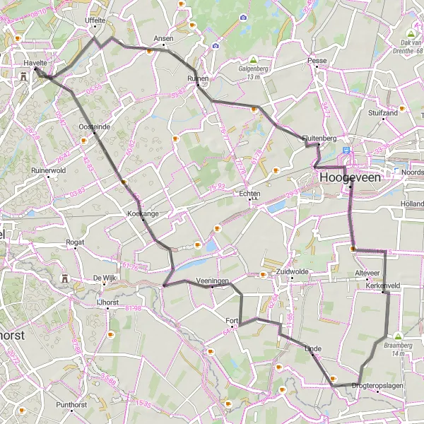 Map miniature of "Ansen - Fluitenberg - De Bult - Kerkenveld - Braamberg - Linde - Koekange - Oosteinde Road Loop" cycling inspiration in Drenthe, Netherlands. Generated by Tarmacs.app cycling route planner