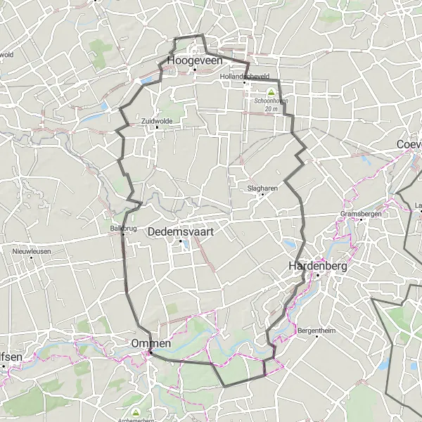 Miniatuurkaart van de fietsinspiratie "Rondrit van Hoogeveen naar Schoonhoven en terug" in Drenthe, Netherlands. Gemaakt door de Tarmacs.app fietsrouteplanner