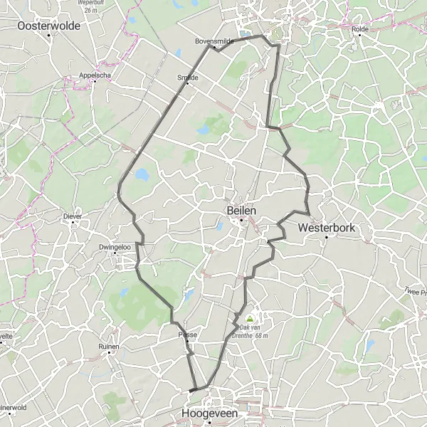 Map miniature of "Hoogeveen-Col du Vam Road Loop" cycling inspiration in Drenthe, Netherlands. Generated by Tarmacs.app cycling route planner