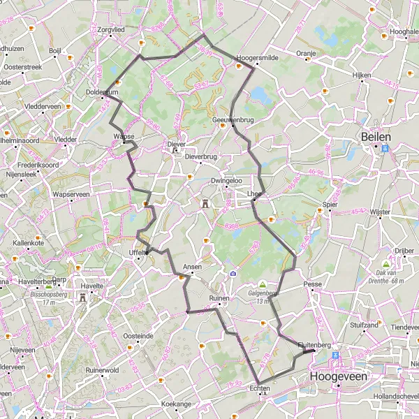 Miniatuurkaart van de fietsinspiratie "Ansen - Galgenberg Ronde" in Drenthe, Netherlands. Gemaakt door de Tarmacs.app fietsrouteplanner