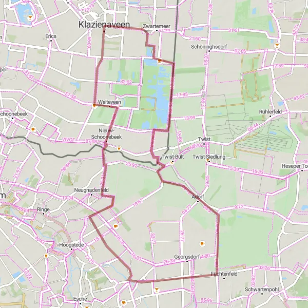 Map miniature of "Gravel Adventure through Klazienaveen, Füchtenfeld, and Weiteveen" cycling inspiration in Drenthe, Netherlands. Generated by Tarmacs.app cycling route planner