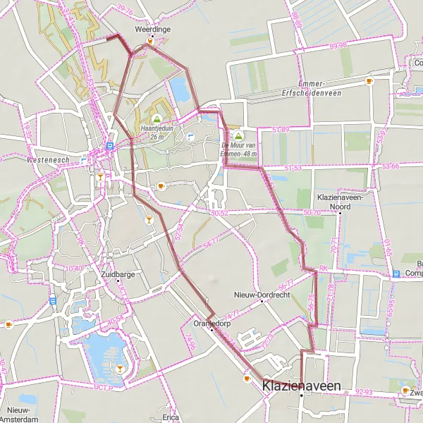 Map miniature of "Gravel Route to Oranjedorp, De Muur van Emmen, and Klazienaveen" cycling inspiration in Drenthe, Netherlands. Generated by Tarmacs.app cycling route planner