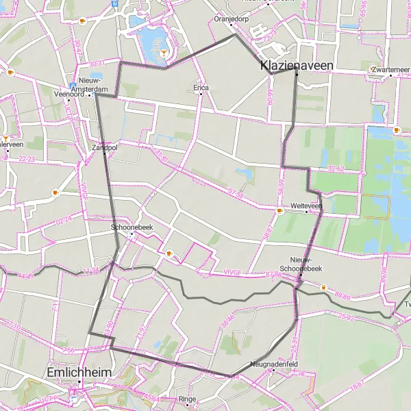 Map miniature of "Road Route to Nieuw-Schoonebeek, Schoonebeek, Nieuw-Amsterdam, and Oranjedorp" cycling inspiration in Drenthe, Netherlands. Generated by Tarmacs.app cycling route planner