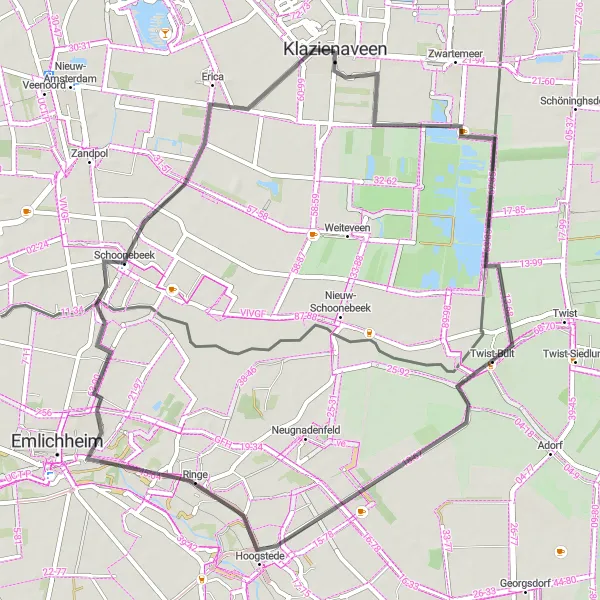 Map miniature of "Scenic Road Route through Ringe, Schoonebeek, and Erica" cycling inspiration in Drenthe, Netherlands. Generated by Tarmacs.app cycling route planner