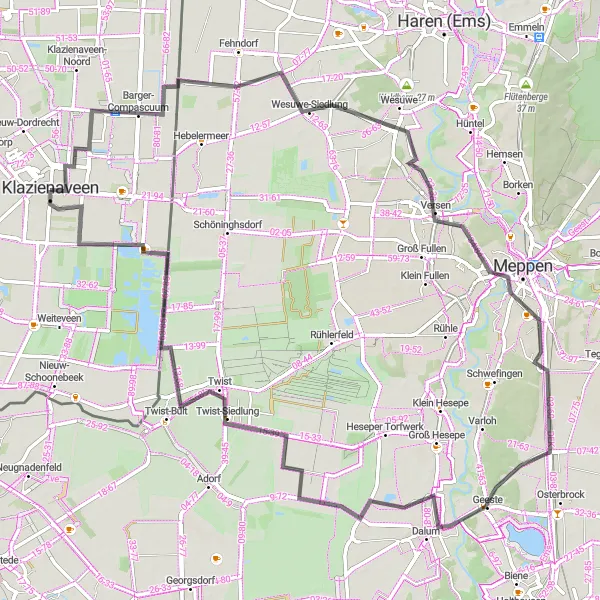 Map miniature of "Road Cycling Tour Across Drenthe" cycling inspiration in Drenthe, Netherlands. Generated by Tarmacs.app cycling route planner