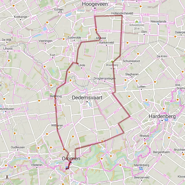 Map miniature of "Off-Road Exploration: Zuideropgaande to Hollandscheveld" cycling inspiration in Drenthe, Netherlands. Generated by Tarmacs.app cycling route planner