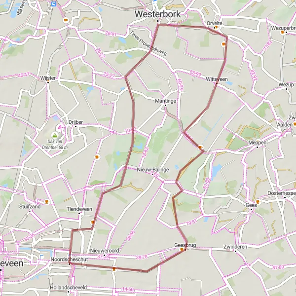 Miniatuurkaart van de fietsinspiratie "Gravelroute naar Witteveen" in Drenthe, Netherlands. Gemaakt door de Tarmacs.app fietsrouteplanner