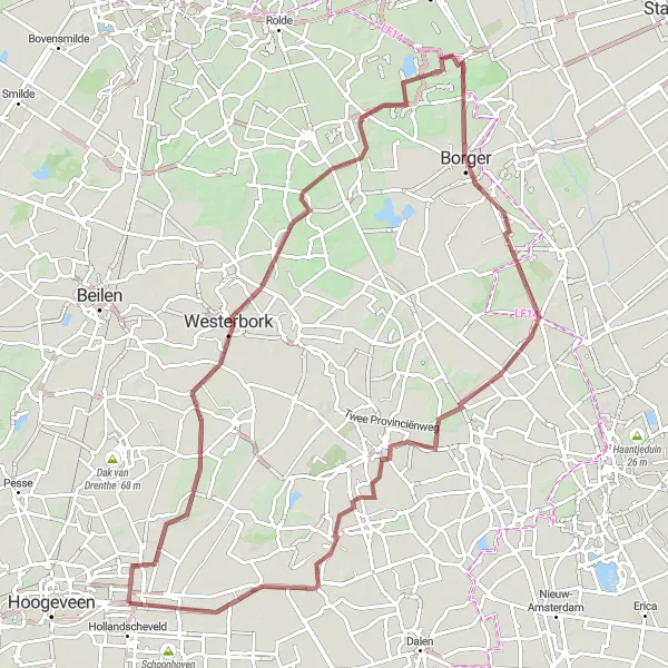 Miniatuurkaart van de fietsinspiratie "Gravelroute naar Odoorn" in Drenthe, Netherlands. Gemaakt door de Tarmacs.app fietsrouteplanner