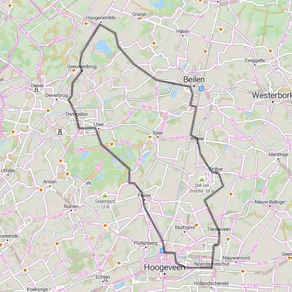 Map miniature of "Road Cycling Adventure: Pesse to Tiendeveen Loop" cycling inspiration in Drenthe, Netherlands. Generated by Tarmacs.app cycling route planner