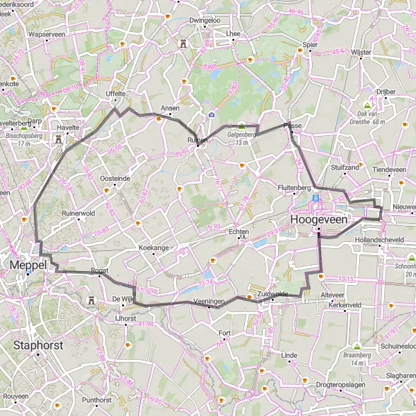 Map miniature of "Road Cycling Adventure: Hoogeveen to Achterom Loop" cycling inspiration in Drenthe, Netherlands. Generated by Tarmacs.app cycling route planner