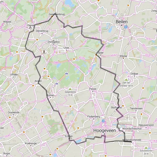 Map miniature of "Krakeel - Hollandscheveld - De Bult - Ansen - Diever - Spier - Stuifzand Loop" cycling inspiration in Drenthe, Netherlands. Generated by Tarmacs.app cycling route planner