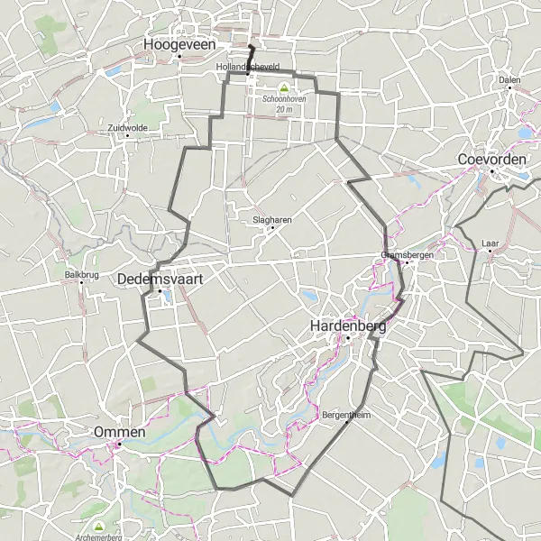 Map miniature of "Krakeel - Schoonhoven - Nieuwlande - Ane - Bergentheim - Waterschapsheuvel - Stegeren Loop" cycling inspiration in Drenthe, Netherlands. Generated by Tarmacs.app cycling route planner