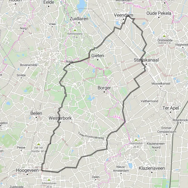 Map miniature of "Krakeel - Westerbork - Hertenkamp - Uitkijktoren Holmers-Halkenbroek - Rolde - Eext - Wildervank - Nieuw-Buinen - Exloo - Sleen - Gees Loop" cycling inspiration in Drenthe, Netherlands. Generated by Tarmacs.app cycling route planner