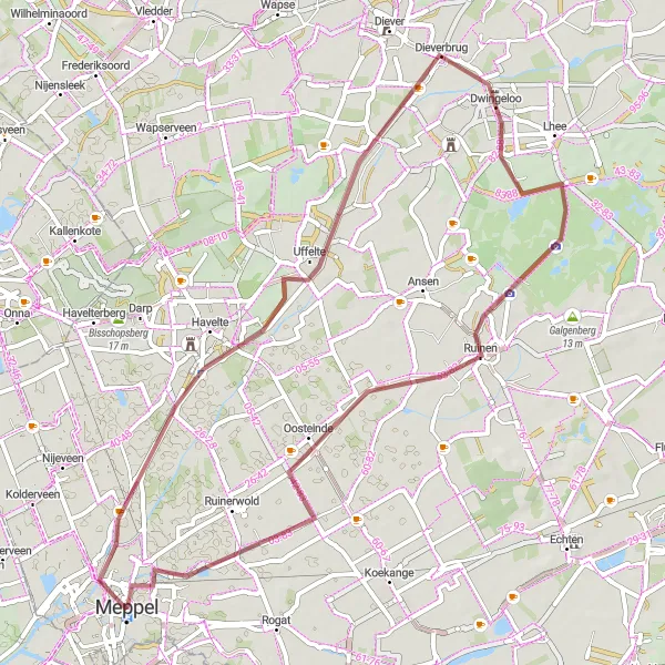 Map miniature of "Glimpses of Drenthe" cycling inspiration in Drenthe, Netherlands. Generated by Tarmacs.app cycling route planner