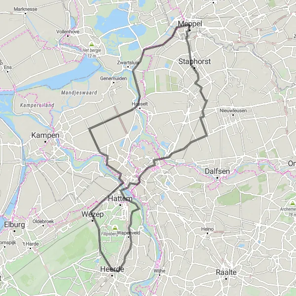 Map miniature of "Meppel to Zwolle Circuit" cycling inspiration in Drenthe, Netherlands. Generated by Tarmacs.app cycling route planner