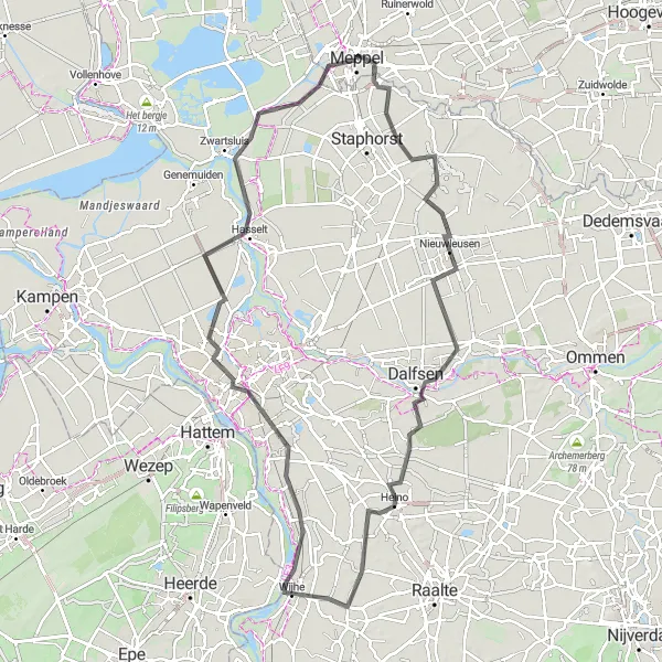 Map miniature of "Reestdal Loop from Meppel" cycling inspiration in Drenthe, Netherlands. Generated by Tarmacs.app cycling route planner