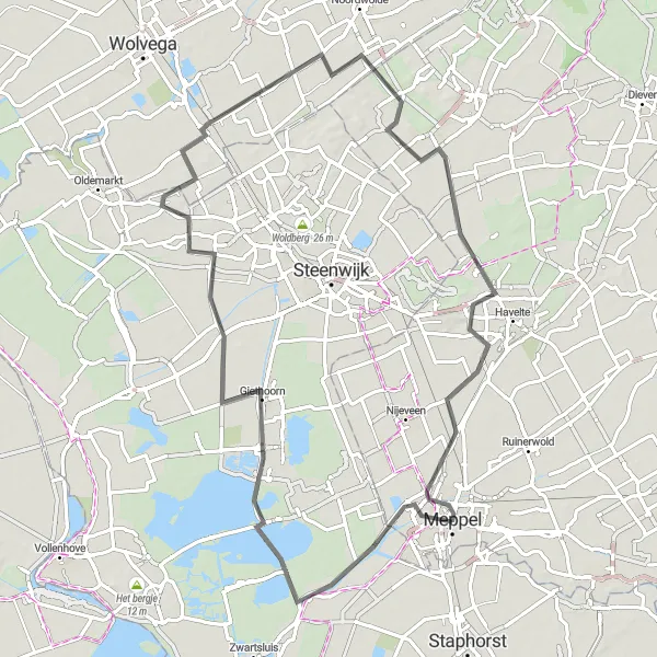 Map miniature of "Meppel to Giethoorn Loop" cycling inspiration in Drenthe, Netherlands. Generated by Tarmacs.app cycling route planner