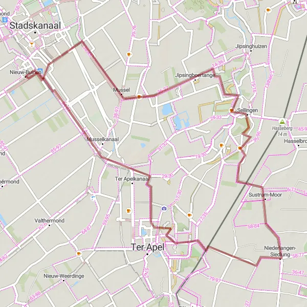 Map miniature of "Sellingen and Musselkanaal Gravel Loop" cycling inspiration in Drenthe, Netherlands. Generated by Tarmacs.app cycling route planner