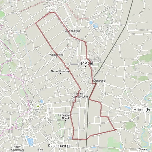 Map miniature of "Valthermond and Musselkanaal Gravel Loop" cycling inspiration in Drenthe, Netherlands. Generated by Tarmacs.app cycling route planner