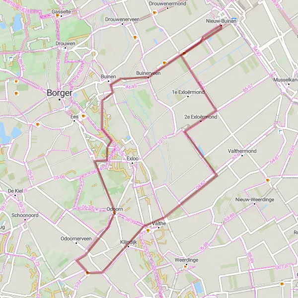 Miniatuurkaart van de fietsinspiratie "Gravelroute Nieuw-Buinen naar Odoorn" in Drenthe, Netherlands. Gemaakt door de Tarmacs.app fietsrouteplanner