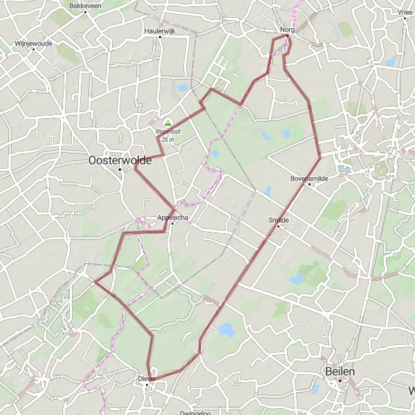 Map miniature of "The Diever Route" cycling inspiration in Drenthe, Netherlands. Generated by Tarmacs.app cycling route planner