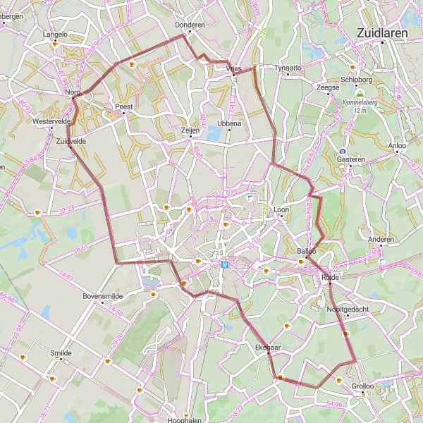 Map miniature of "Gravelly Retreat to Norg" cycling inspiration in Drenthe, Netherlands. Generated by Tarmacs.app cycling route planner