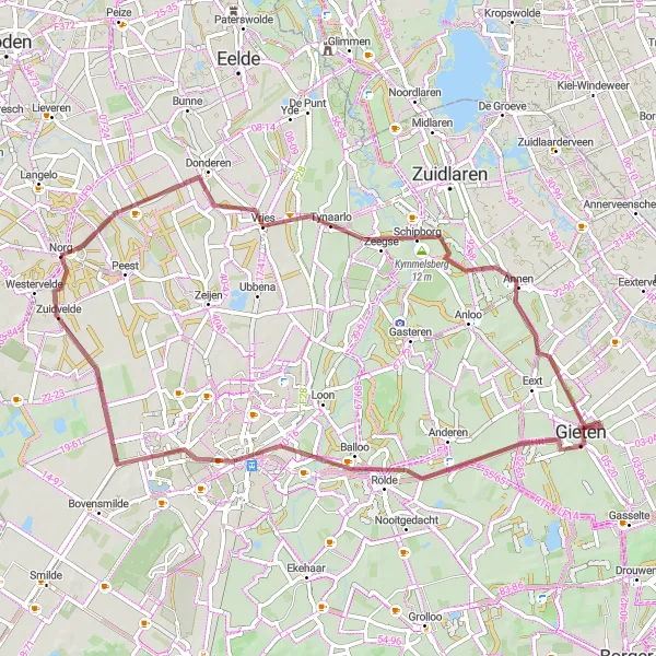 Map miniature of "The Vries Adventure" cycling inspiration in Drenthe, Netherlands. Generated by Tarmacs.app cycling route planner