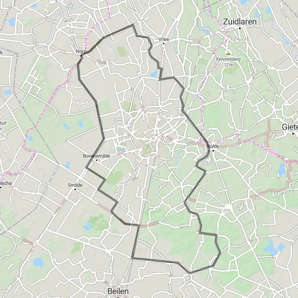 Map miniature of "Exploring Forests and Villages" cycling inspiration in Drenthe, Netherlands. Generated by Tarmacs.app cycling route planner