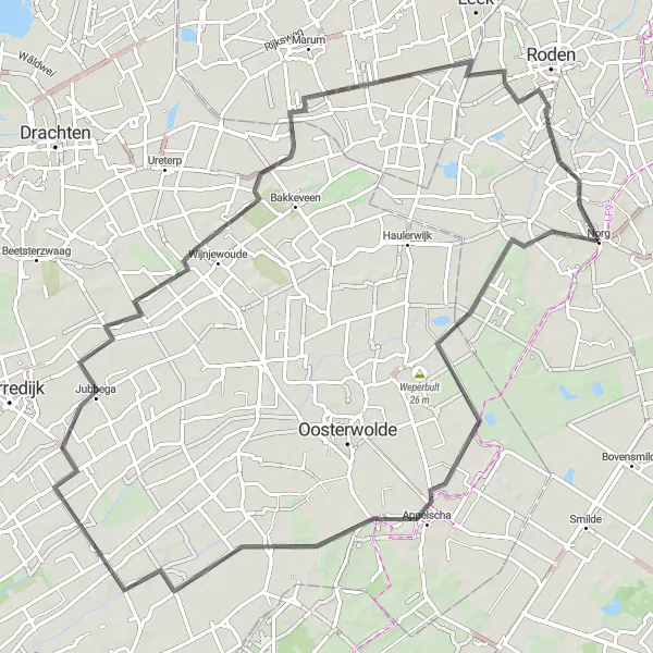 Miniatuurkaart van de fietsinspiratie "Dwars door de natuur van Friesland" in Drenthe, Netherlands. Gemaakt door de Tarmacs.app fietsrouteplanner